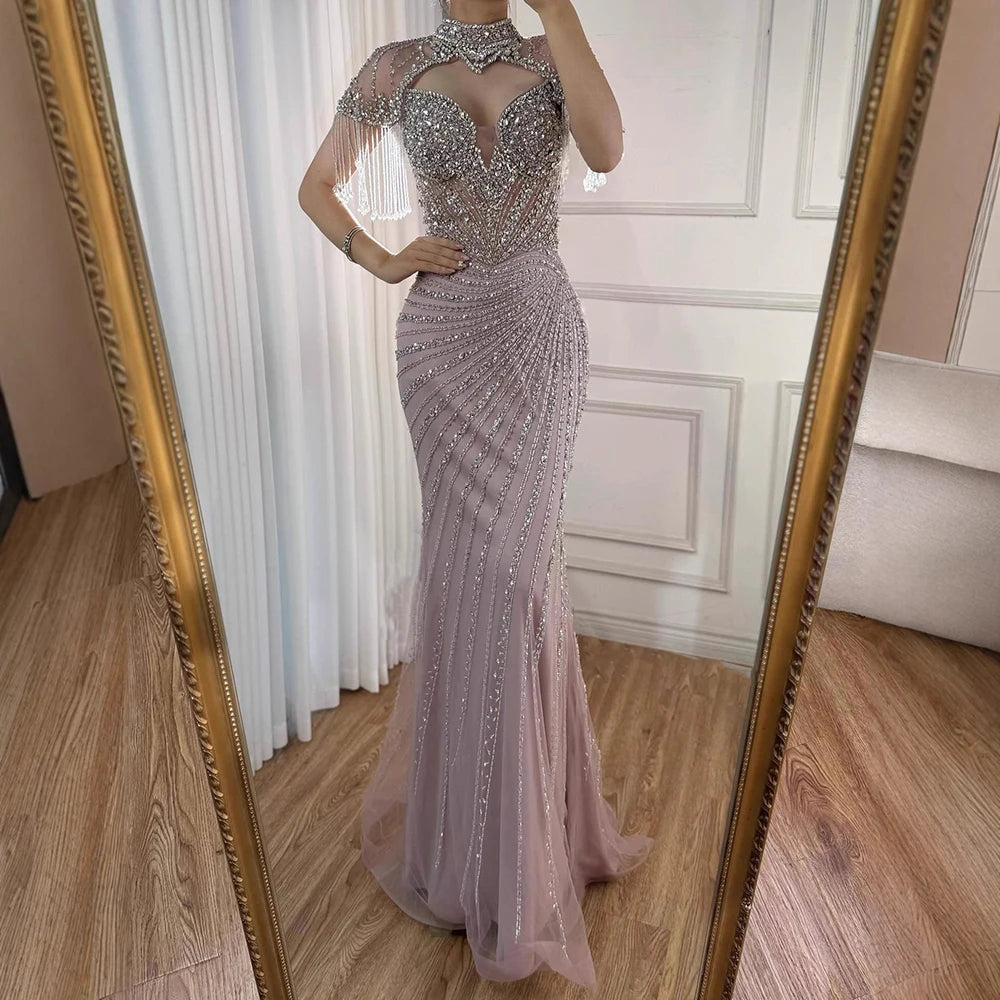 Luxury Pink Beaded Tassel Mermaid Evening Dress Long Gown LA73184 - SERENE HILL