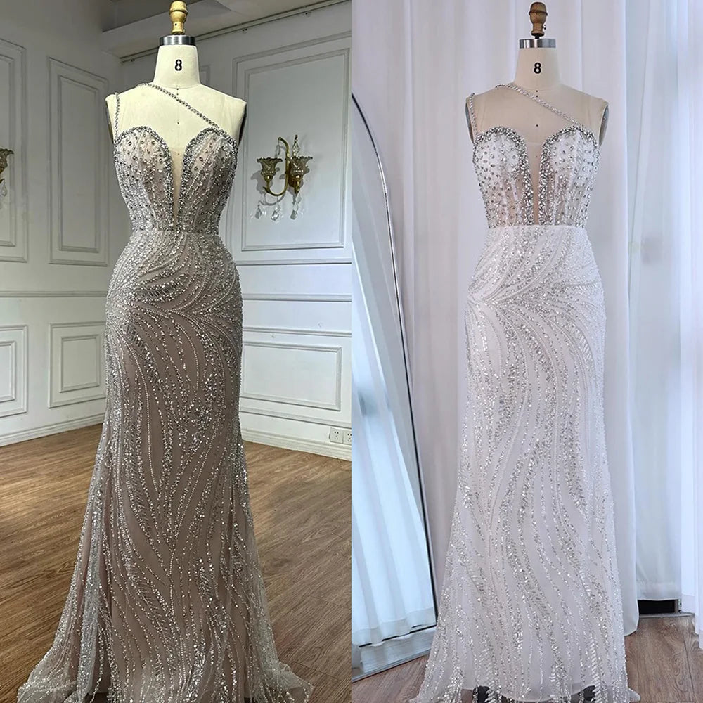 Luxury Dubai Nude Beaded One-Shoulder Evening Gown with Crystal for Formal Occasion LA72872 - SERENE HILL