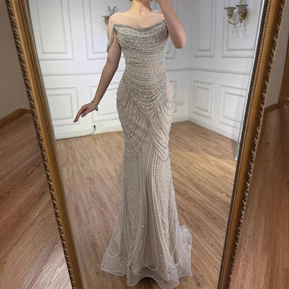 Luxury Crystal Silver Gray Pearl Beaded Evening Dress LA72253 - SERENE HILL