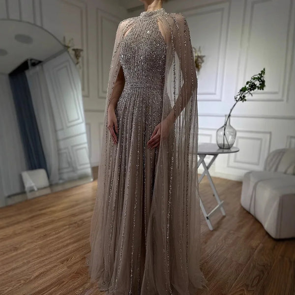 Luxury Caramel A-Line Cape Sleeve Beaded Evening Dress LA72306B