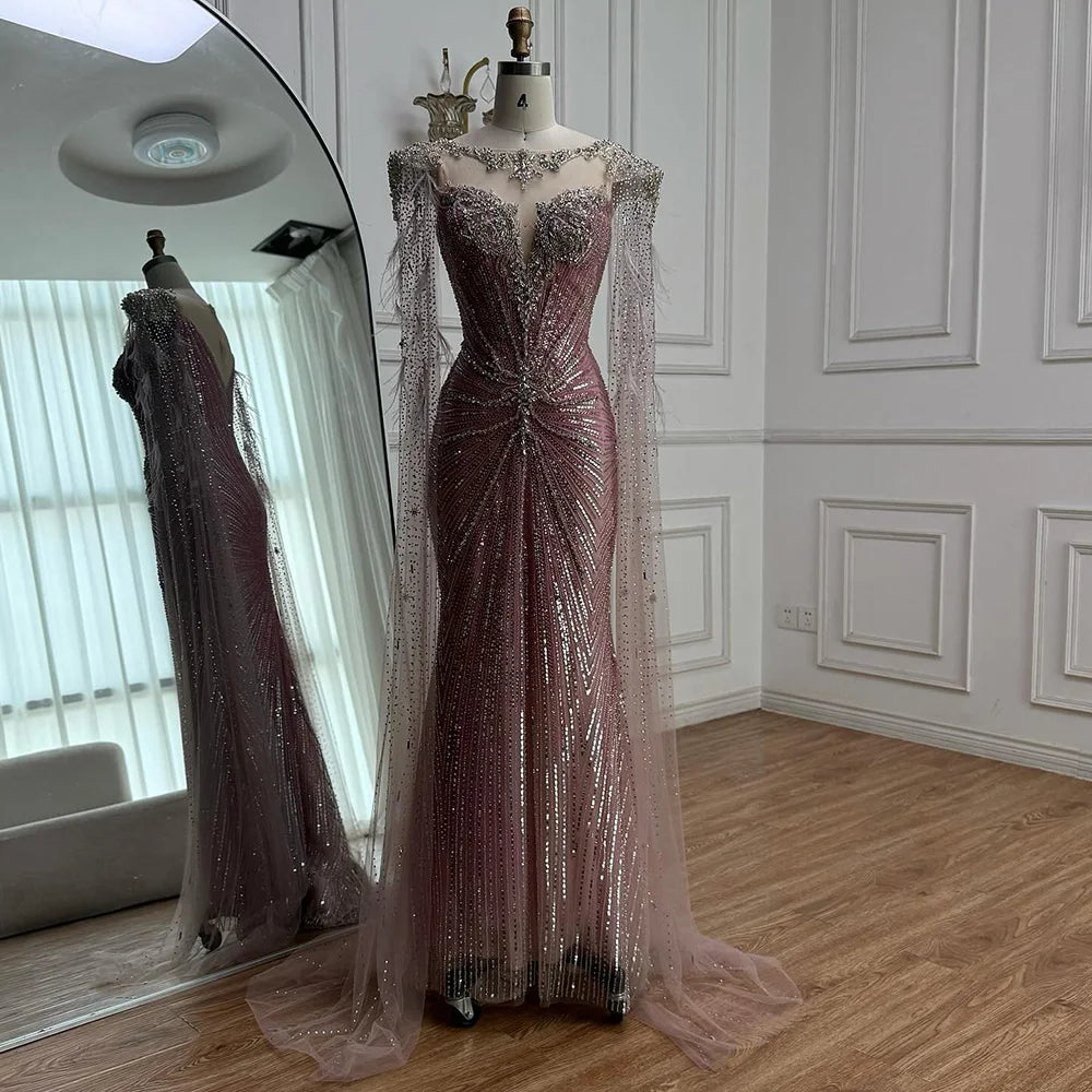 Luxury Pink Beaded Mermaid Evening Dress with Cape LA73106 - SERENE HILL