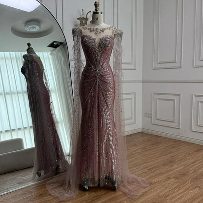 Luxury Pink Beaded Mermaid Evening Dress with Cape LA73106 - SERENE HILL