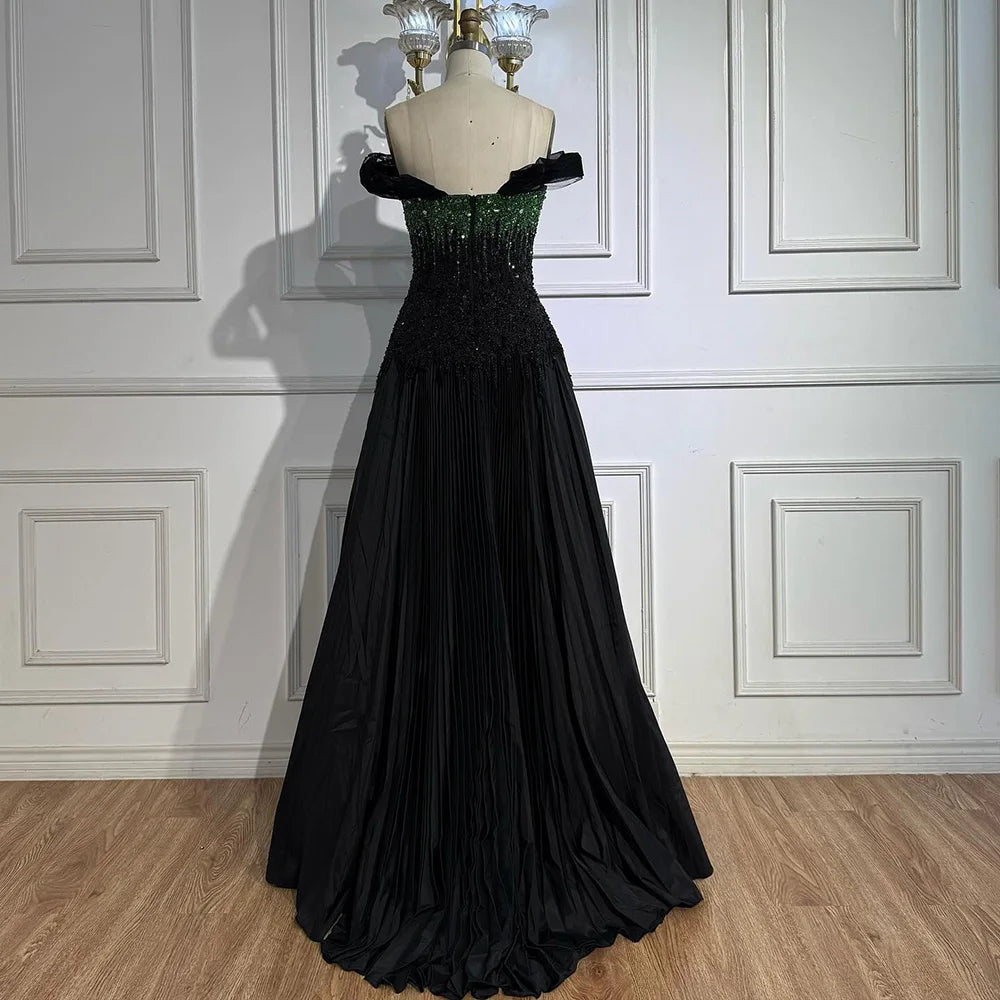 Luxury Beaded Black Green Off Shoulder Dubai Evening Dress for Party LA72406 - SERENE HILL