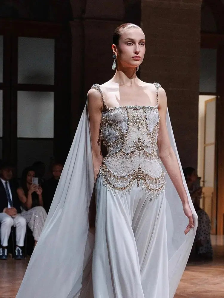 Luxury Gray Chiffon Cape Evening Dress with Beaded Bodice LA73123 Gray / 6
