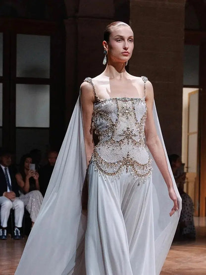 Luxury White Chiffon Cape Evening Dress with Beaded Bodice LA73123 - SERENE HILL