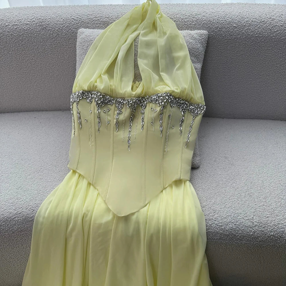 Luxury Designer Sage Green Chiffon Halter Beaded Evening Dress LA73074 - SERENE HILL
