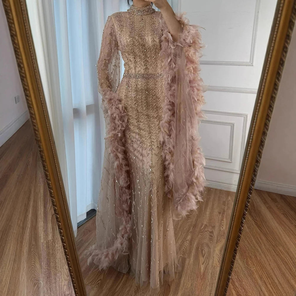 Elegant Rose Gold Evening Dress Featuring Feathered Cape Sleeves LA729