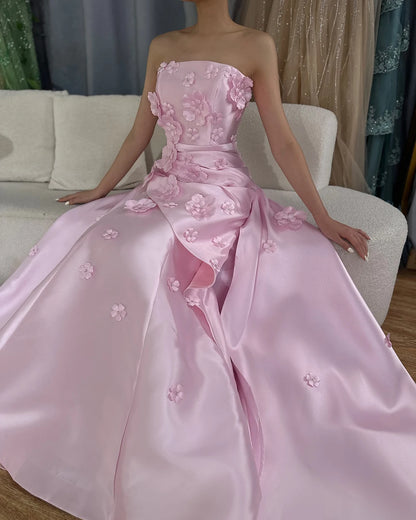 Luxury Dubai Saudi Pink Ruched Appliques Satin Mermaid Evening Dress Gown Lace-Up Back for Formal Occasion LA72740 - SERENE HILL