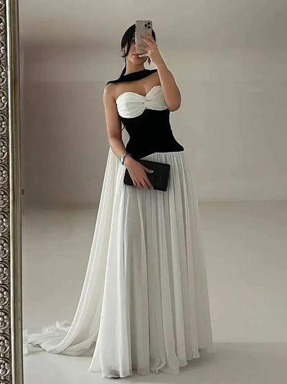 Chic Black and White A-Line Prom Dress LA73048 - SERENE HILL