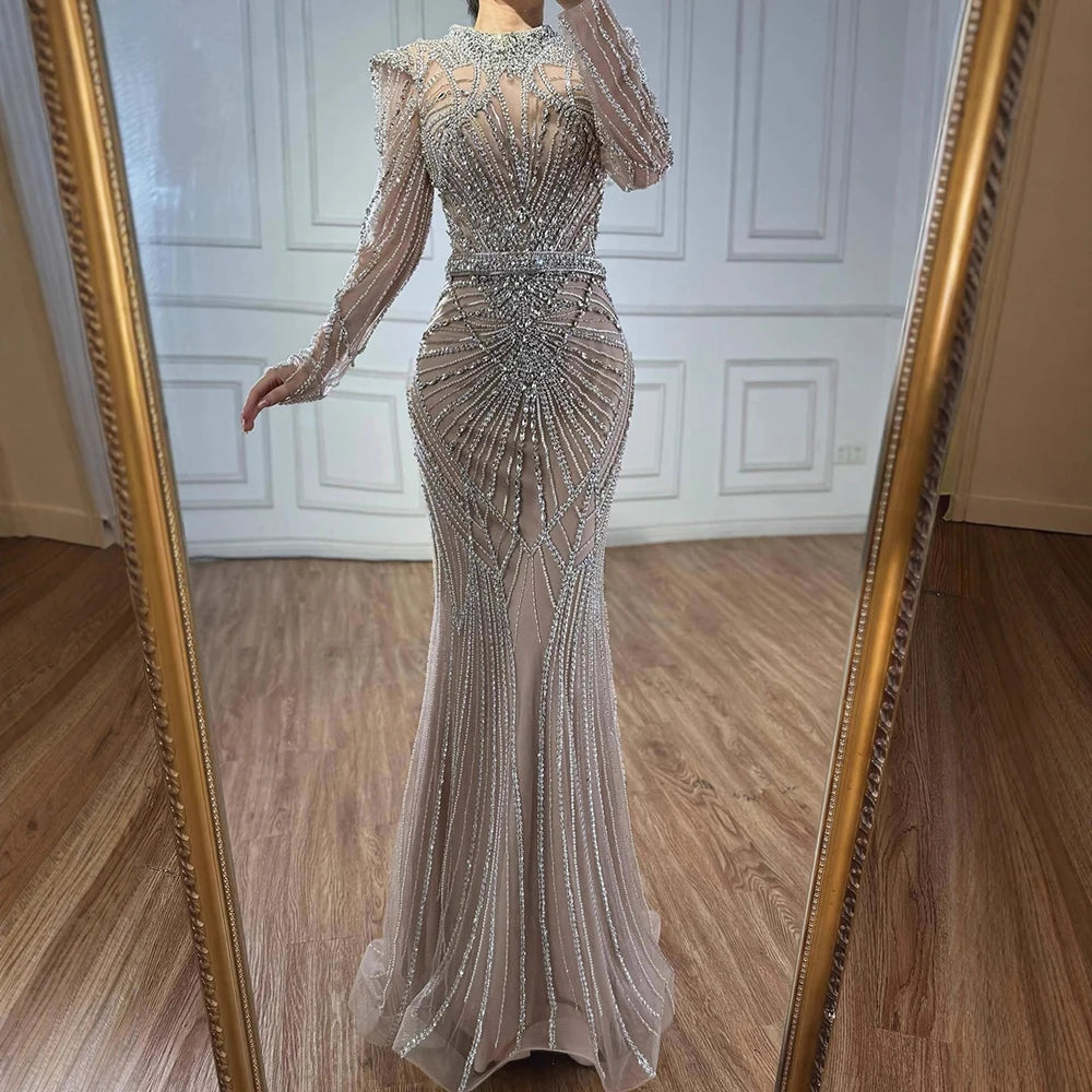 Modest Caramel High Collar Evening Dress for Wedding Guest LA73203 - SERENE HILL