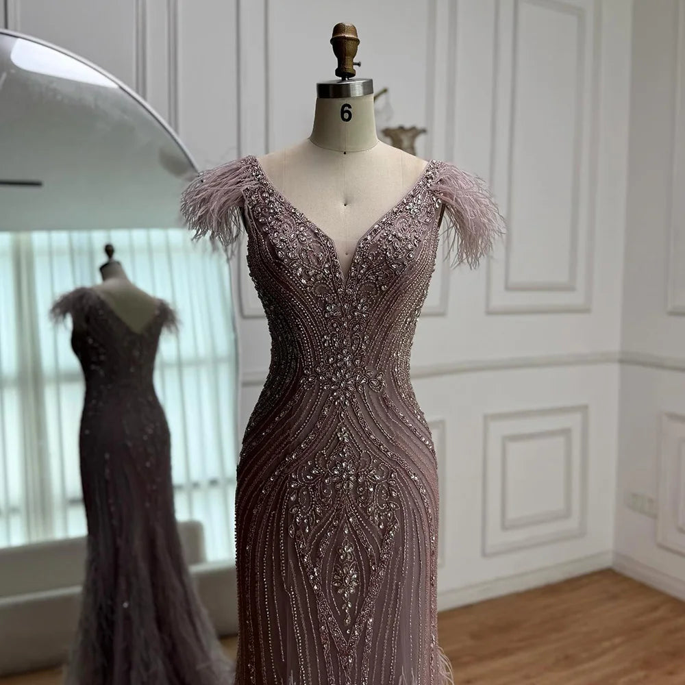 Luxury Designer Pink Feather Beaded Mermaid Evening Dress LA73098
