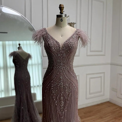 Luxury Designer Pink Feather Beaded Mermaid Evening Dress LA73098 - SERENE HILL