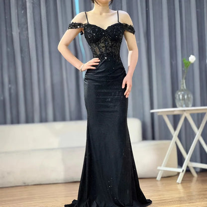 Classy Black Off-Shoulder Lace Prom Dress LA72999 - SERENE HILL