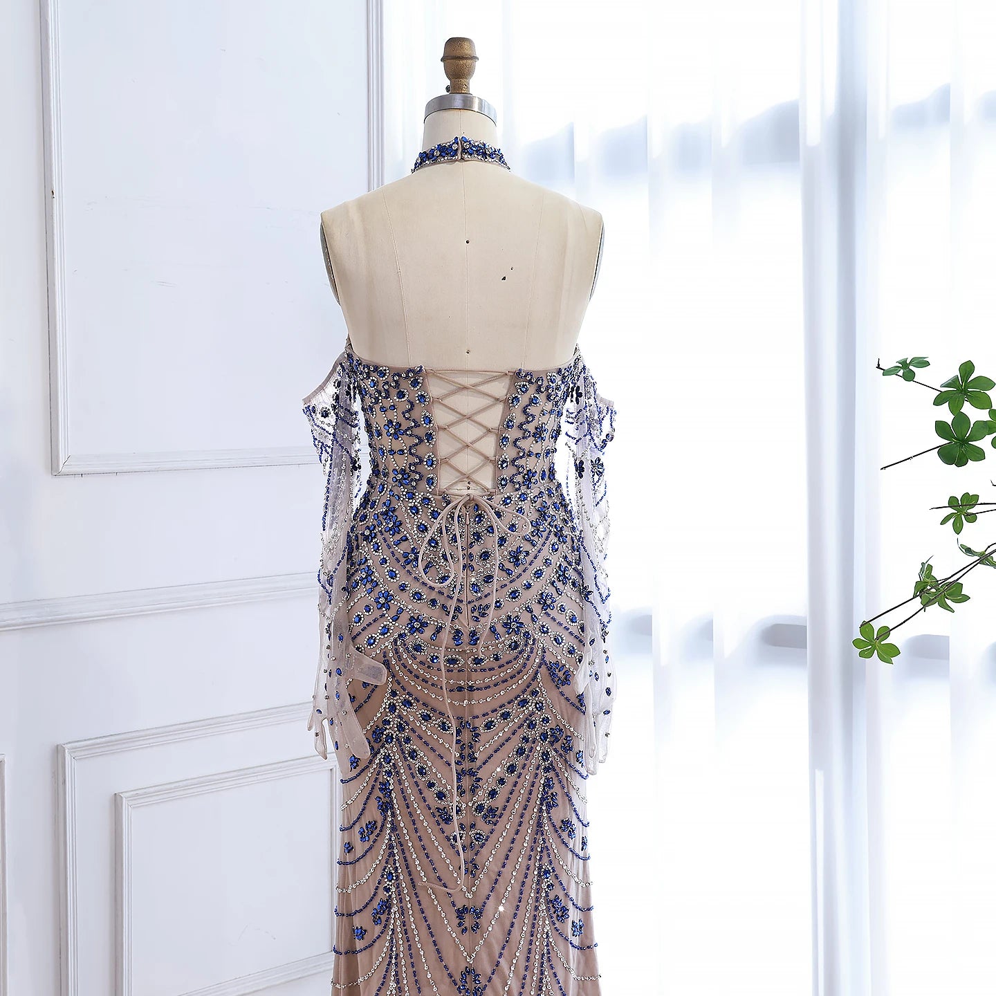 Luxury Kosovo Blue Evening Dress With Gloves LA72760C - SERENE HILL