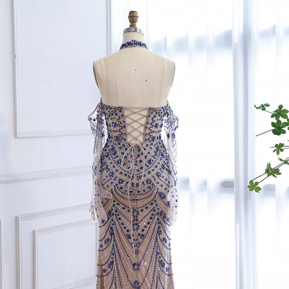 Luxury Kosovo Blue Evening Dress With Gloves LA72760C - SERENE HILL