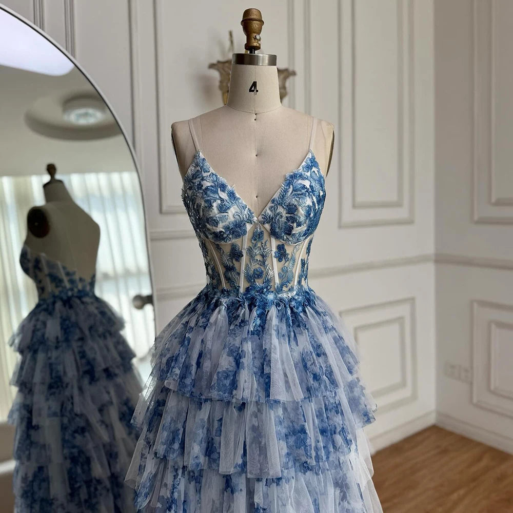 Serene Hill Spaghetti straps blue print floral Ruffle prom dress - SERENE HILL