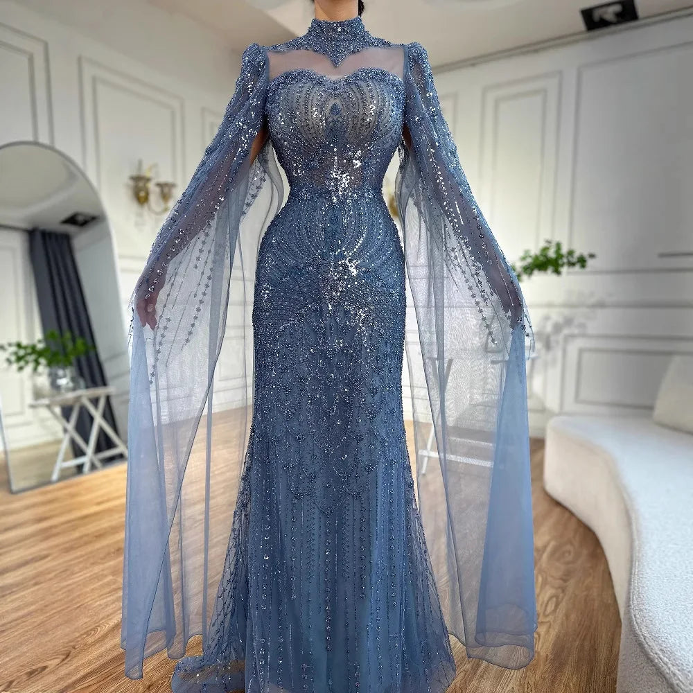 Luxury Modest Blue Mermaid Evening Dress with Cape LA73006 - SERENE HILL