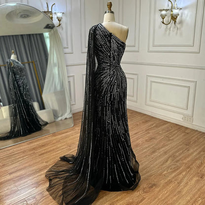Luxury Black One Shoulder Mermaid Evening Dress with High Slit LA72829 - SERENE HILL