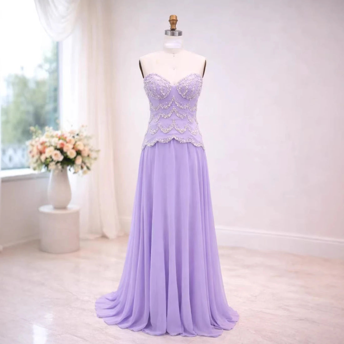 Luxury Lilac Pearl Beaded Two Pieces Evening Dress with Cape LA73327A - SERENE HILL