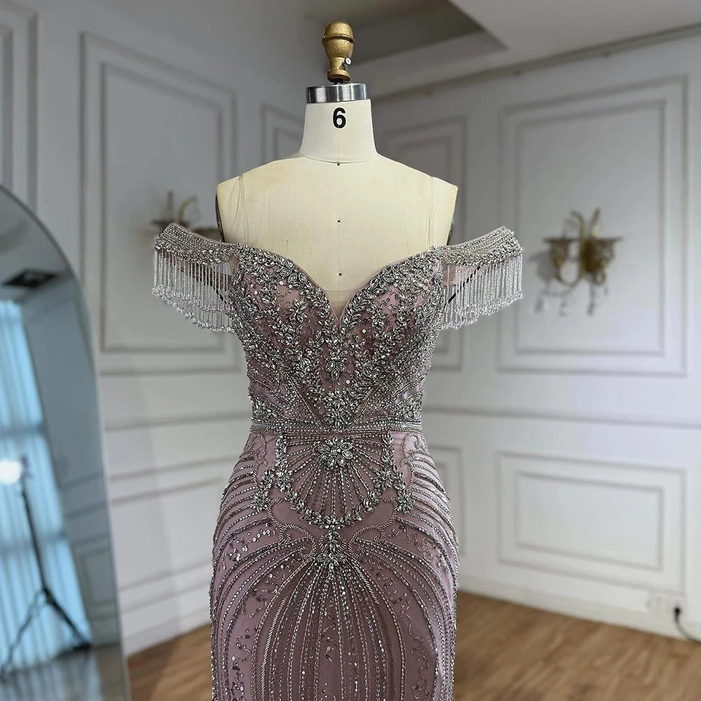 Luxury Pink Crystal Tassel Off Shoulder Evening Dress Dubai LA73204 - SERENE HILL