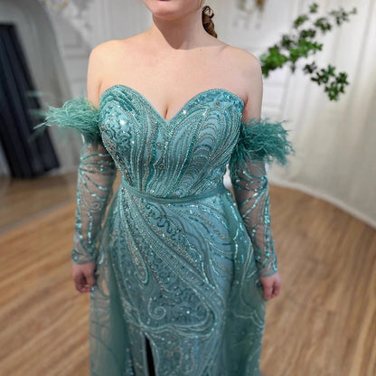 Luxury Arabic Nude Mermaid High Split Feather Beaded Evening Dress LA71910 - SERENE HILL