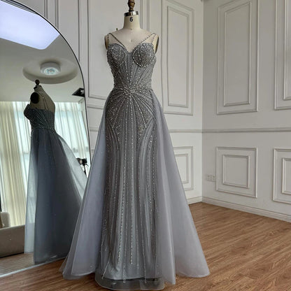 Luxury Nude Spaghetti Strap Mermaid Evening Dress with Overskirt Beaded LA73090 - SERENE HILL