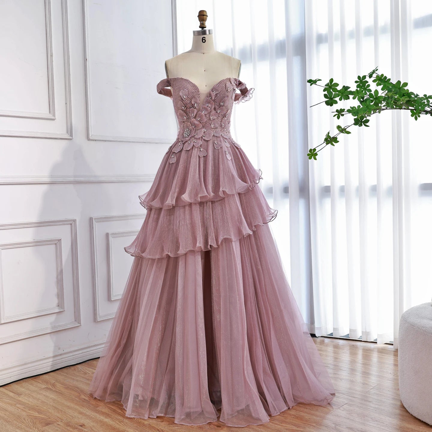 Luxury Pink Dreamy Ruffles Beaded A-Line Evening Dress LA73385 - SERENE HILL