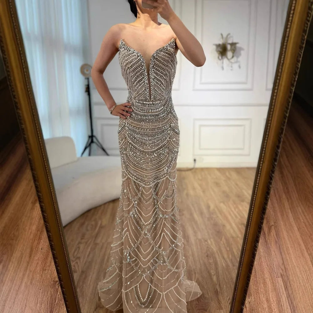 Luxury Nude Silver Beaded Evening Gown with Crystals LA72900 - SERENE HILL