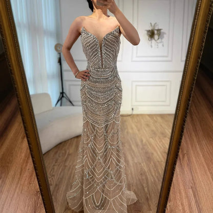 Luxury Nude Silver Beaded Evening Gown with Crystals LA72900 - SERENE HILL