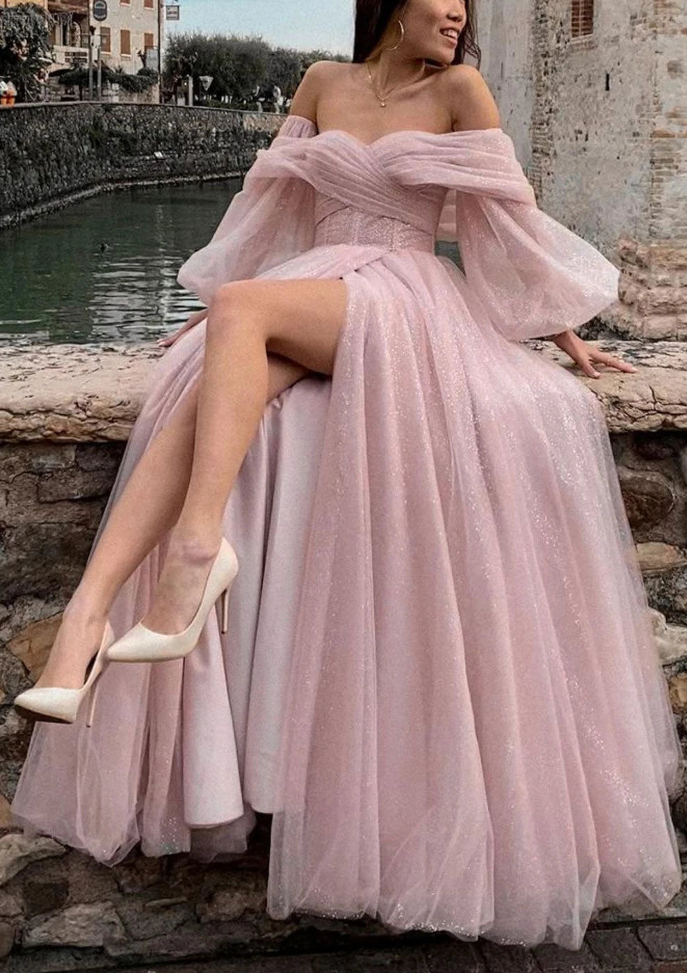 Serene Hill Arabic Pink A-Line Off-the-Shoulder Side Split Luxury Dubai Prom Dress for Women&
