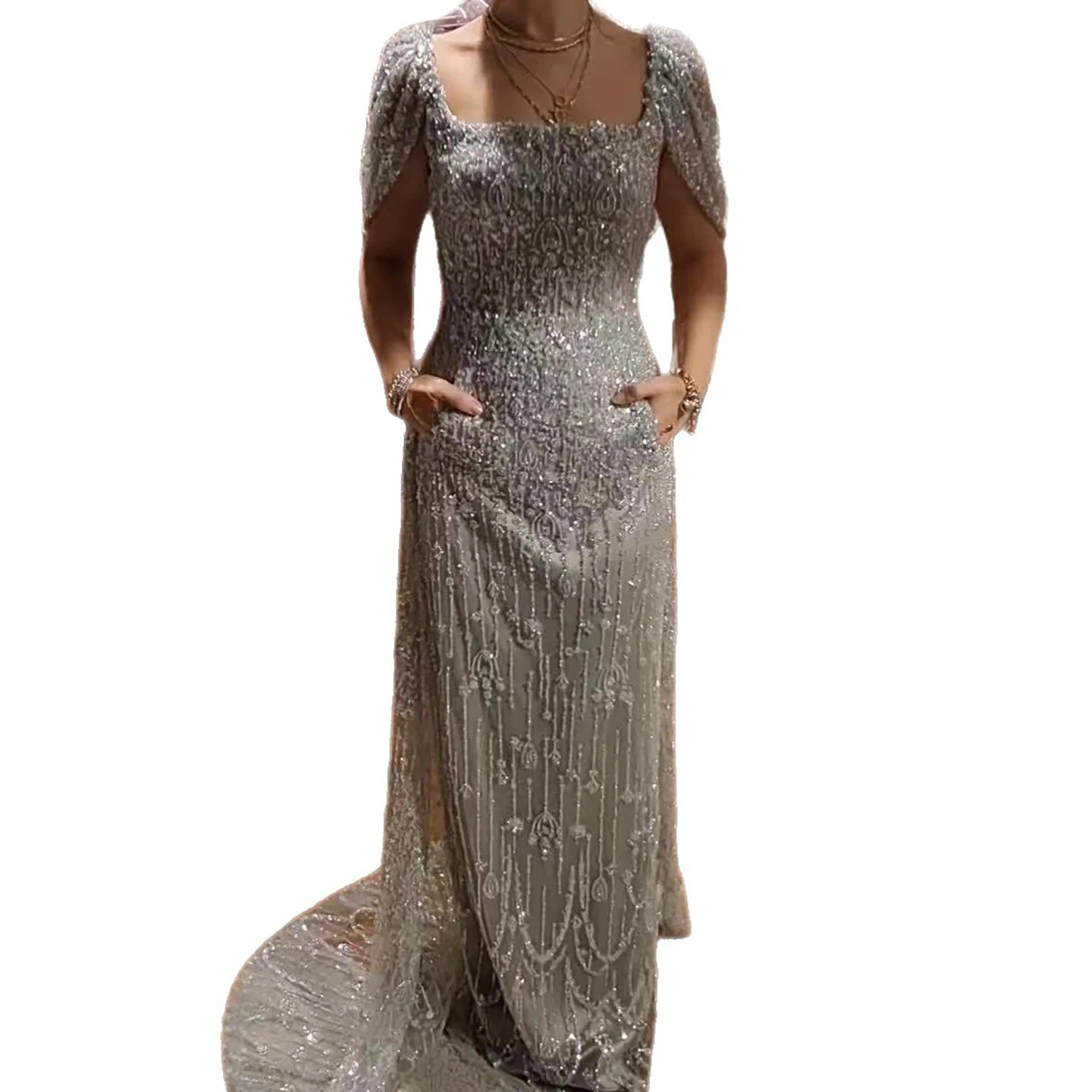 Luxury Turkish Grey Beaded Mermaid Evening Dress With Cape LA73357 - SERENE HILL