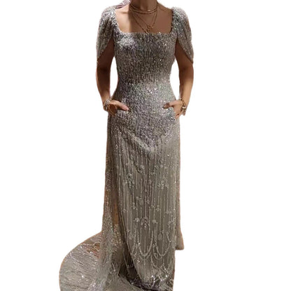 Luxury Turkish Grey Beaded Mermaid Evening Dress With Cape LA73357 - SERENE HILL