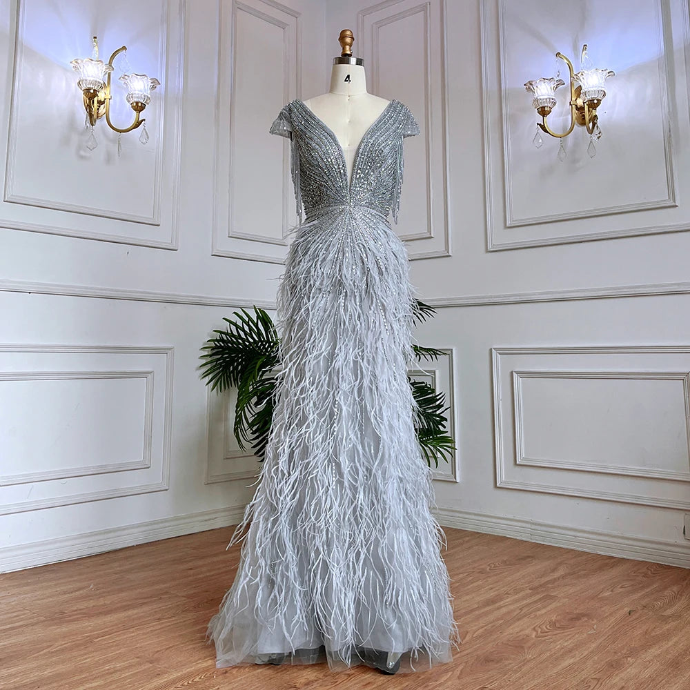 Luxury Brown Mermaid Elegant Beaded Evening Dress Gown with Feathers LA70801 - SERENE HILL