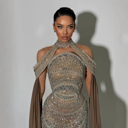 Luxury Caramel Kosovo Beaded Evening Dress with Cape LA73344 - SERENE HILL