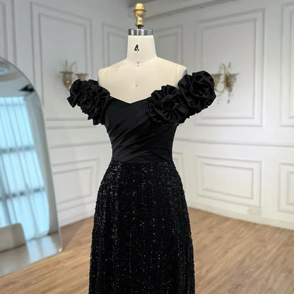 Luxury Black Off Shoulder Sequin Evening Dress with Floral Sleeves LA73096 - SERENE HILL