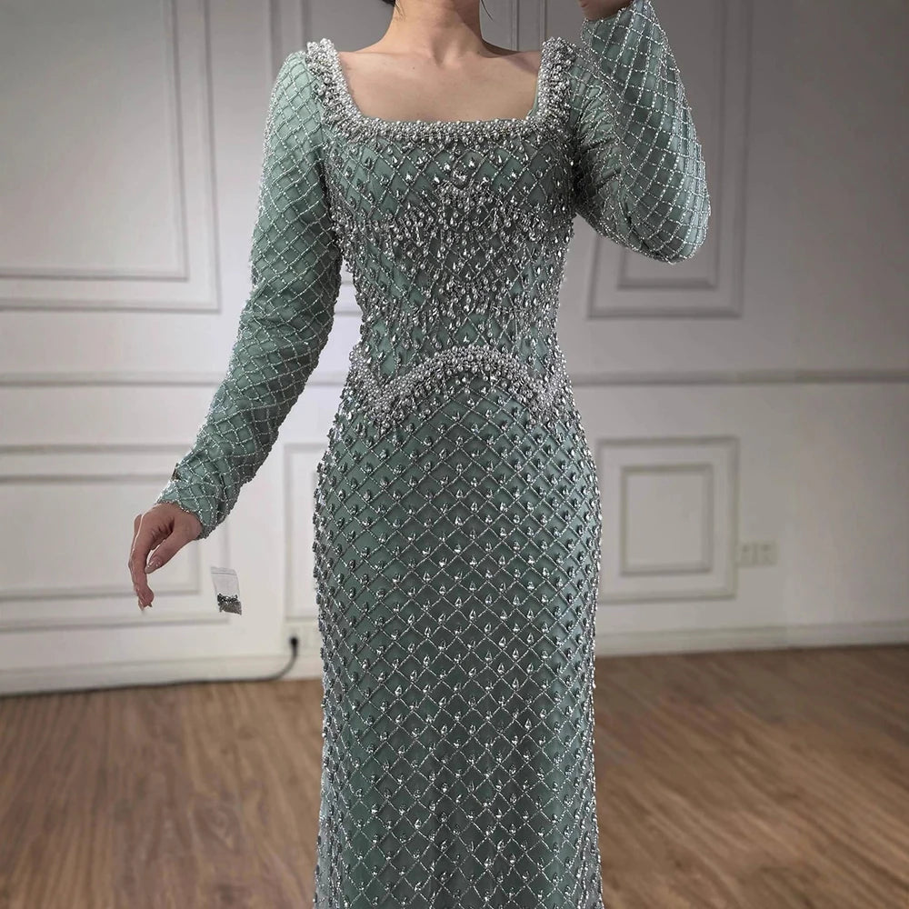 Modest Pearl Beaded Mermaid Evening Dress with Long Sleeves LA72919A - SERENE HILL