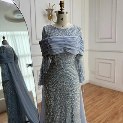 Arabic Blue Mermaid Evening Dress with Beaded Tassels LA72374A - SERENE HILL