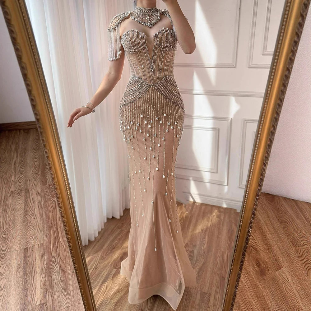 Luxury Nude Pearl Beaded Tassel Mermaid Evening Dress LA73183 - SERENE HILL