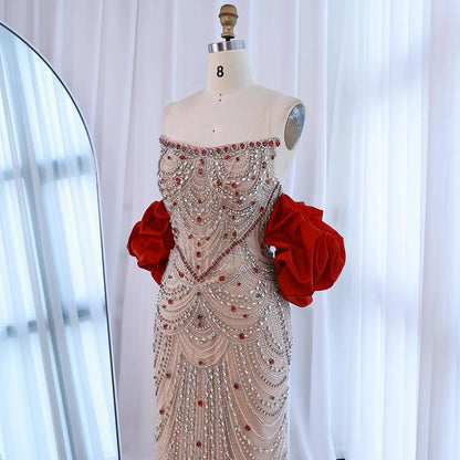 Luxury Beaded Evening Dress Puff Sleeves Pearl Adorned LA72903 - SERENE HILL