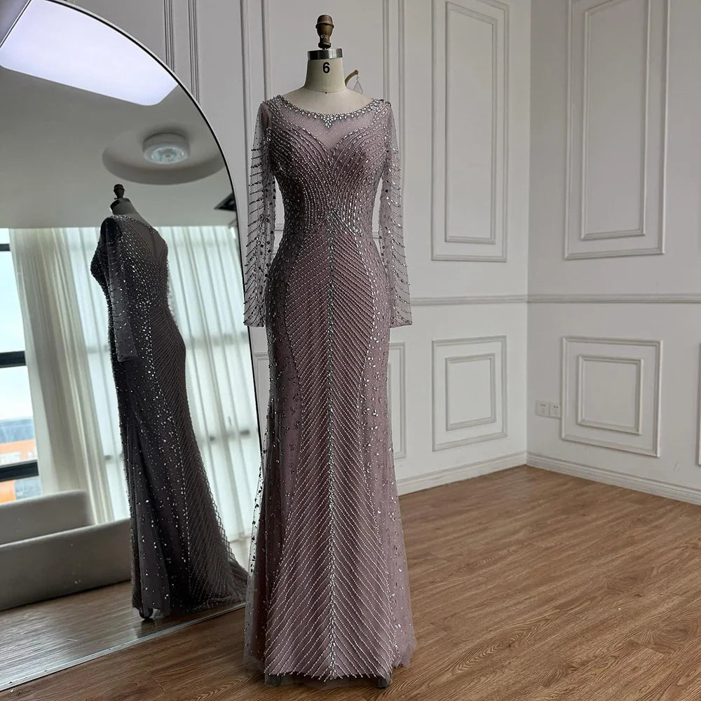 Luxury Arabic Silver Nude Beaded Mermaid Long Sleeve Evening Dress LA73132 - SERENE HILL