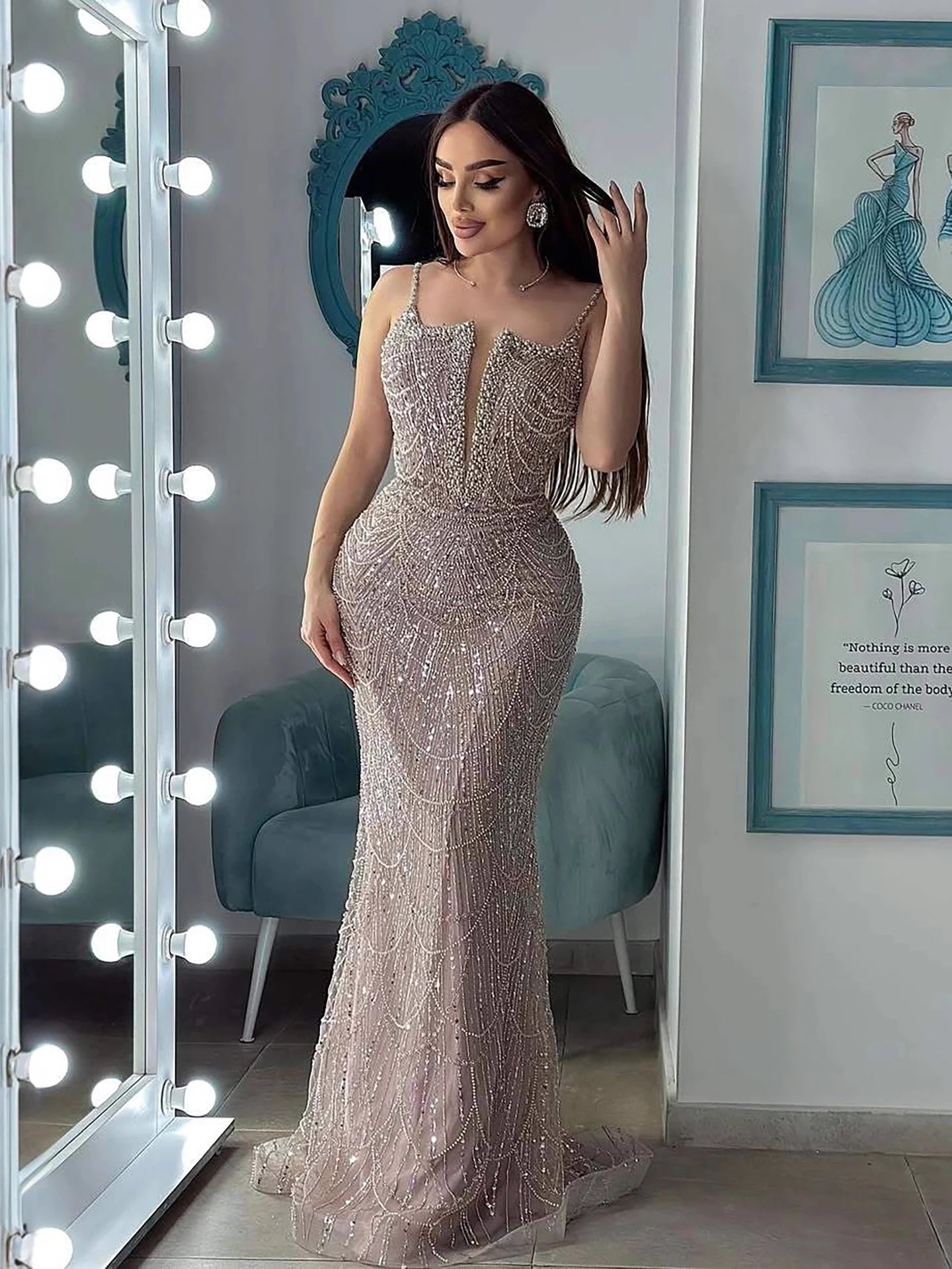 Luxury Evening Dress Nude Pearls Beaded Gown With Tulle Train LA72189A - SERENE HILL