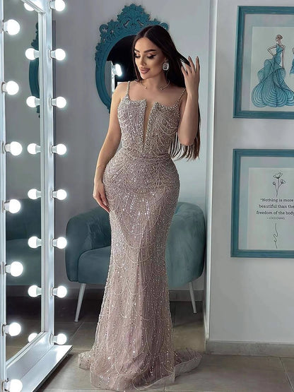 Luxury Evening Dress Nude Pearls Beaded Gown With Tulle Train LA72189A - SERENE HILL