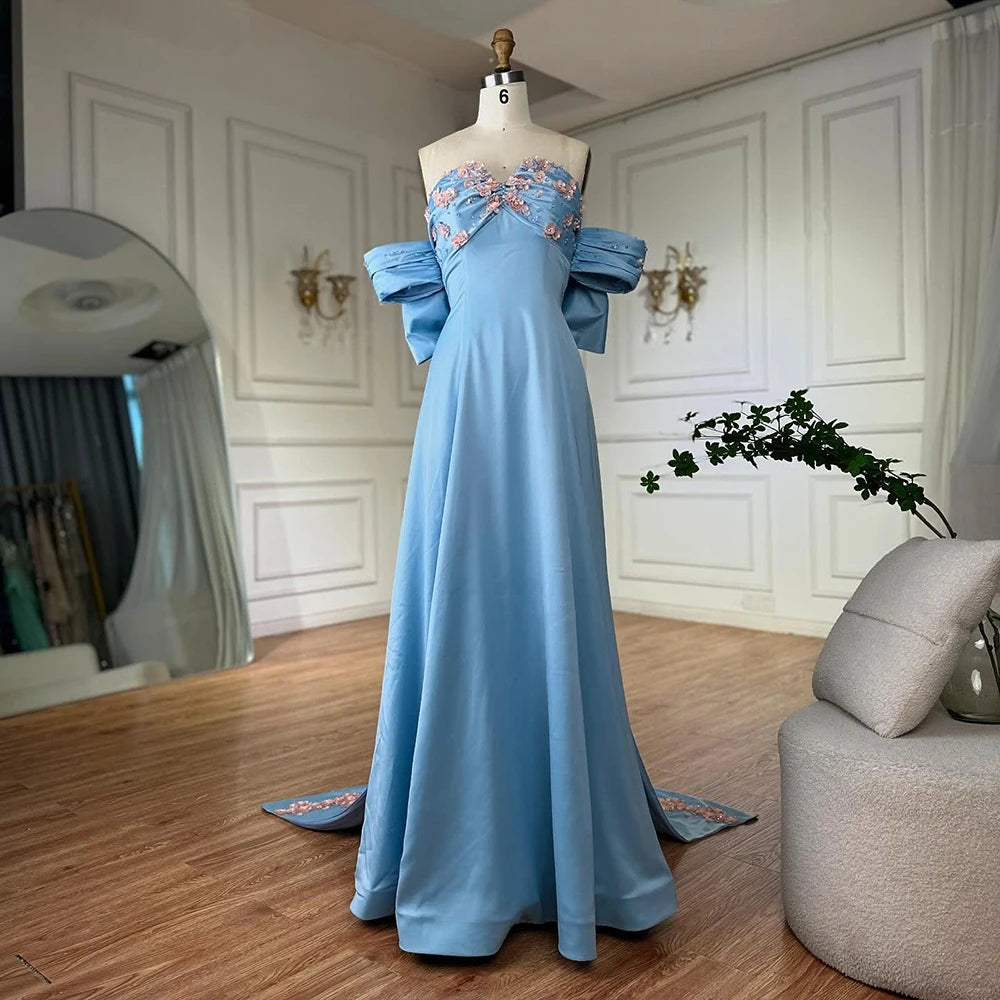Luxury Dubai Arabic Blue Beaded A-Line Saudi Evening Gown for Formal Occasion LA72792 - SERENE HILL
