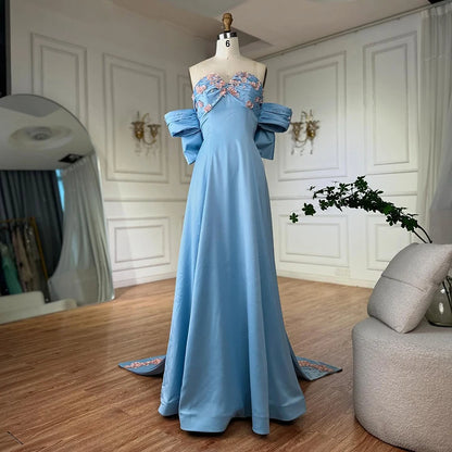 Luxury Dubai Arabic Blue Beaded A-Line Saudi Evening Gown for Formal Occasion LA72792 - SERENE HILL