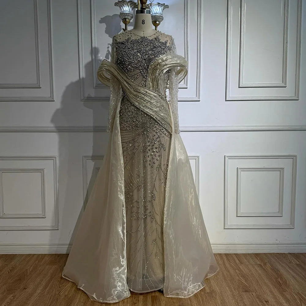 Luxury Nude Beaded Mermaid Evening Dress with Overskirt LA72932 - SERENE HILL