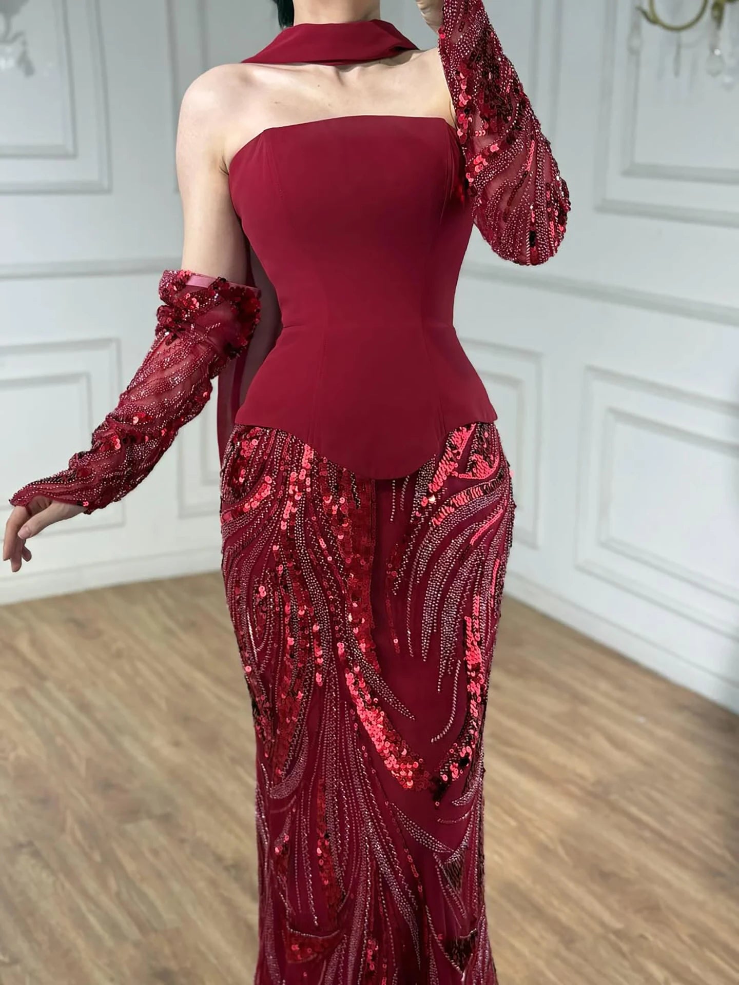 Luxury Wine Red Mermaid Evening Dress With Gloves LA73050E - SERENE HILL