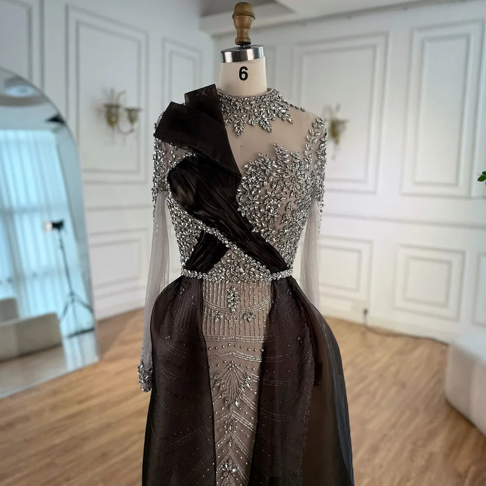 Silver Nude Beaded Long Sleeve Arabic Evening Dress LA72769A - SERENE HILL