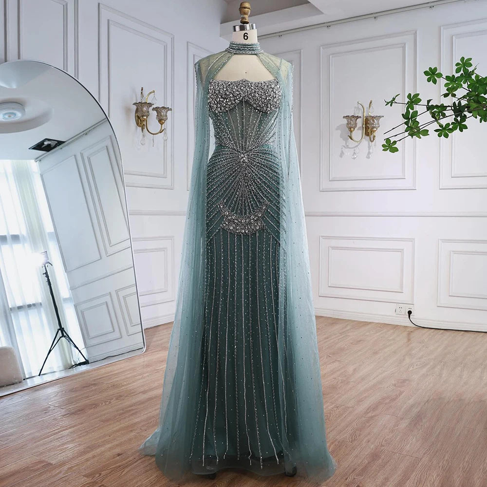 Luxury Turquoise Crystal Beaded Evening Dress with Cape LA73202 - SERENE HILL