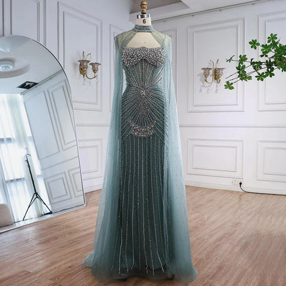 Luxury Turquoise Crystal Beaded Evening Dress with Cape LA73202 - SERENE HILL