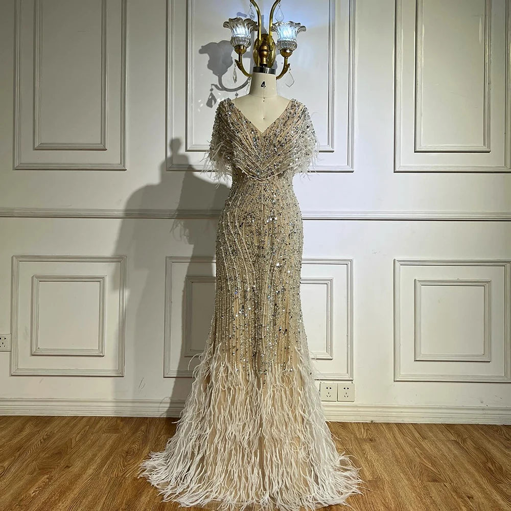 Luxury White Nude Beaded Feather Mermaid Evening DressLA72837 - SERENE HILL